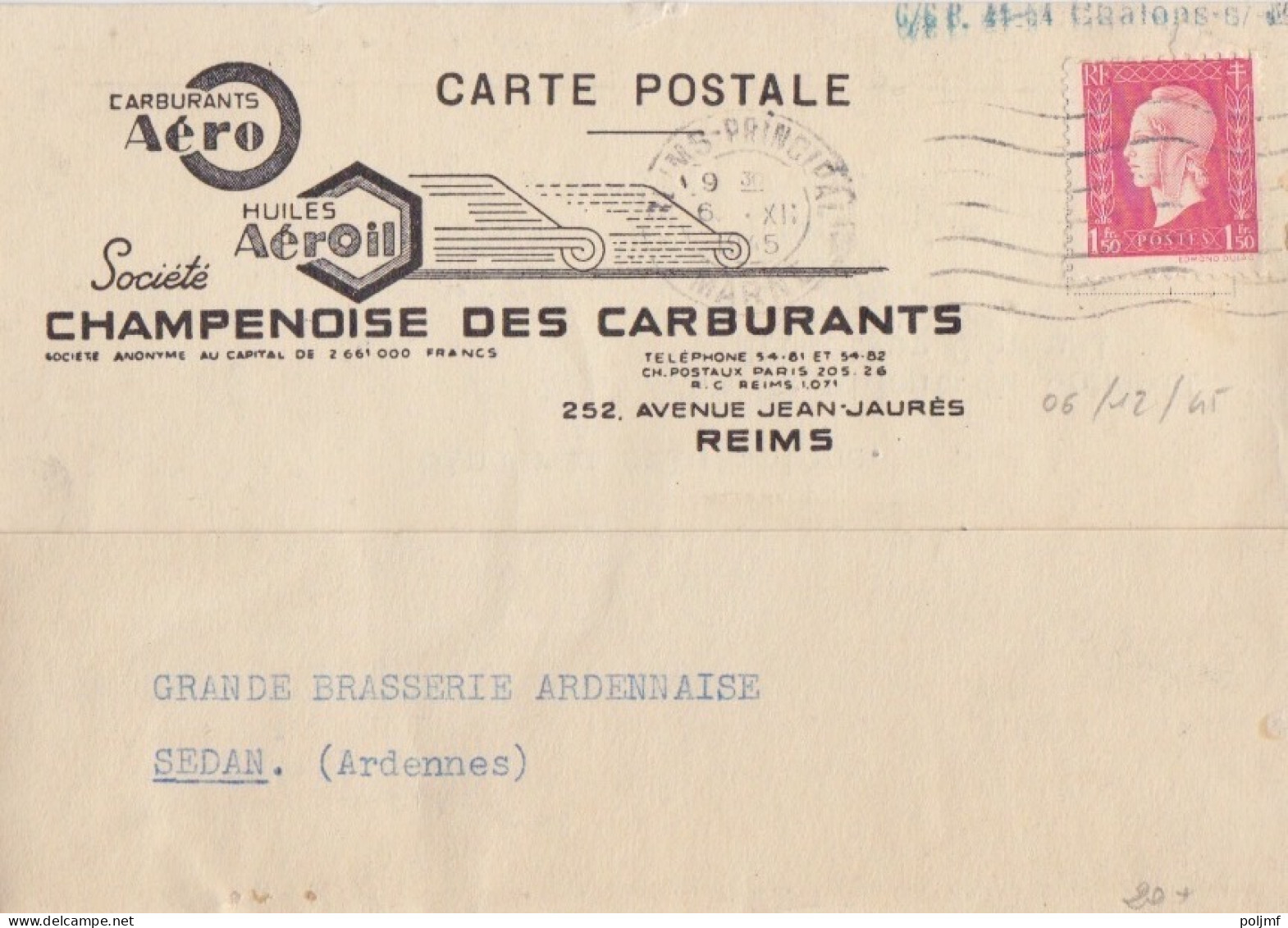 2 CP (Champenoise Des Carburants) Obl. Flier Reims Les 22 XI Et 6 XII 45 Sur 1f50 Dulac Rose N° 691 (Tarif Du 1/3/45) - 1944-45 Marianne Of Dulac