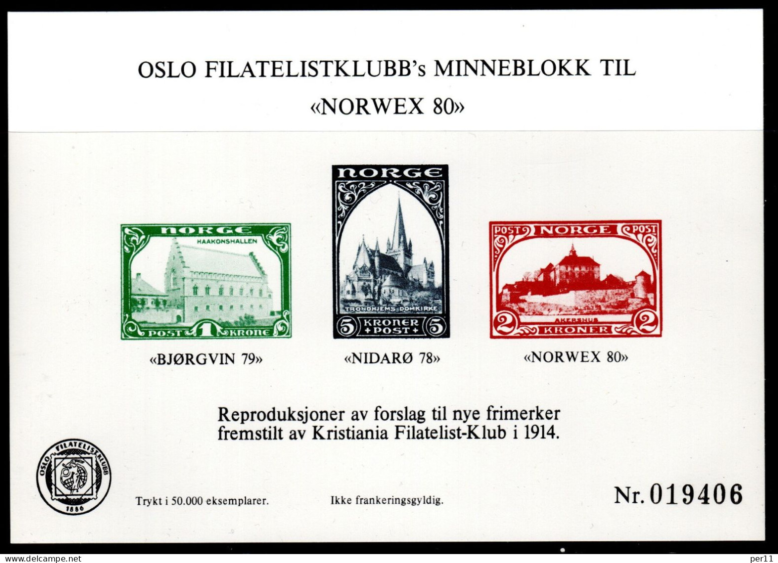 Oslo Filatelistklubbs Minneblokk Norwex 80  (no205) - Cartes-maximum (CM)