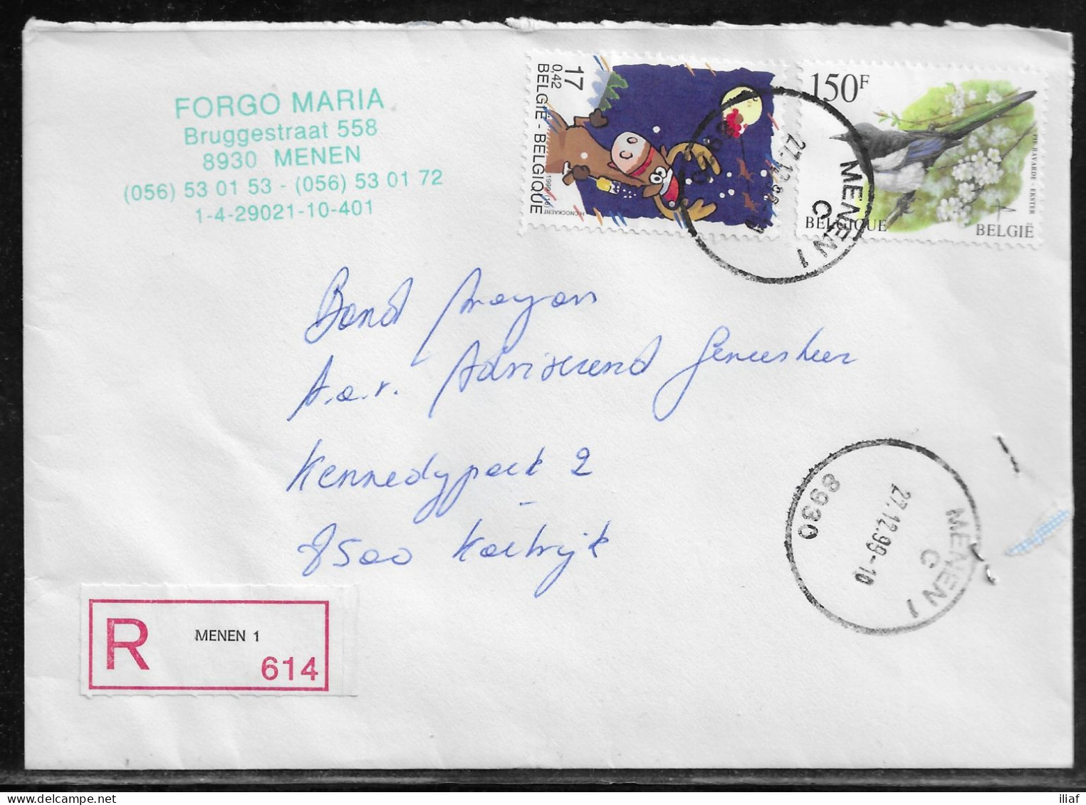 BBelgium. Stamps Mi. 2905, Mi. 2749 On Registered Letter Sent From Menen On 27.12.1999 For Kortrijk - Brieven En Documenten