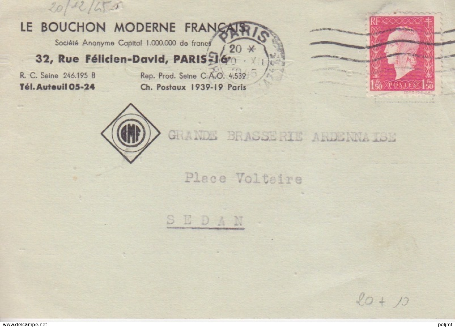 CP (Le Bouchon Moderne) Obl. Flier Paris Gare Montparnasse Le 20 XII 45  Sur 1f50 Dulac Rose N° 691 (Tarif Du 1/3/45) - 1944-45 Marianne De Dulac