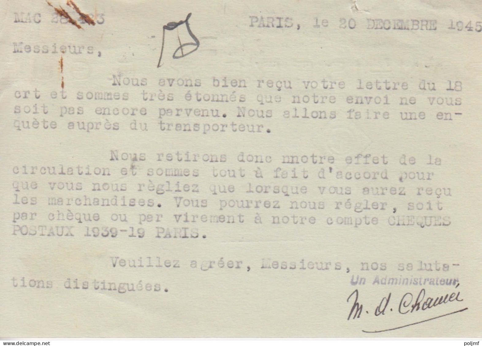 CP (Le Bouchon Moderne) Obl. Flier Paris Gare Montparnasse Le 20 XII 45  Sur 1f50 Dulac Rose N° 691 (Tarif Du 1/3/45) - 1944-45 Marianne Of Dulac