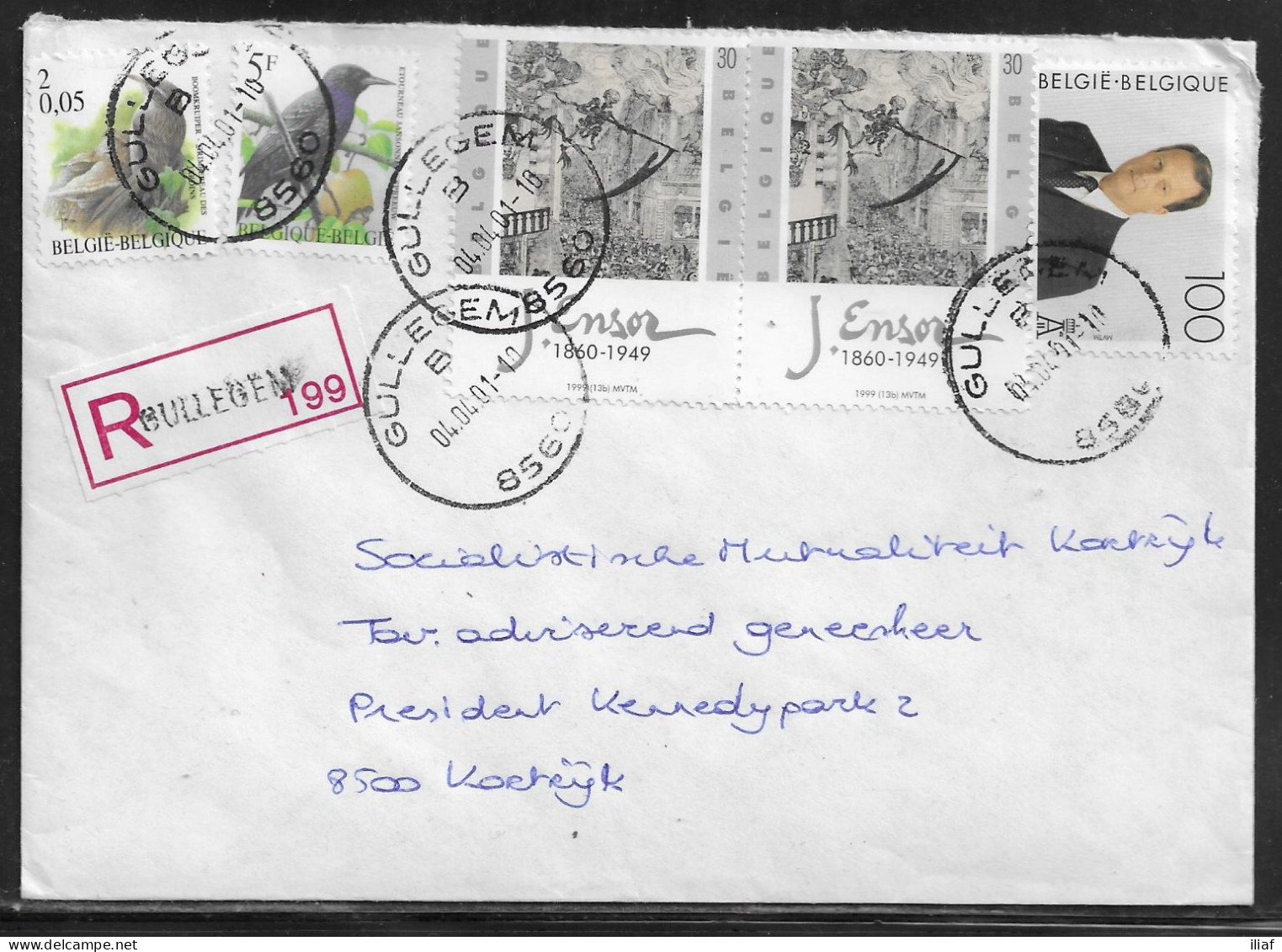 Belgium. Stamps Mi. 2970, Mi. 2690, Mi. 2882, Mi. 2628 on Registered Letter Sent From Gullegem 04.04.2001 for Kortrijk - Briefe U. Dokumente
