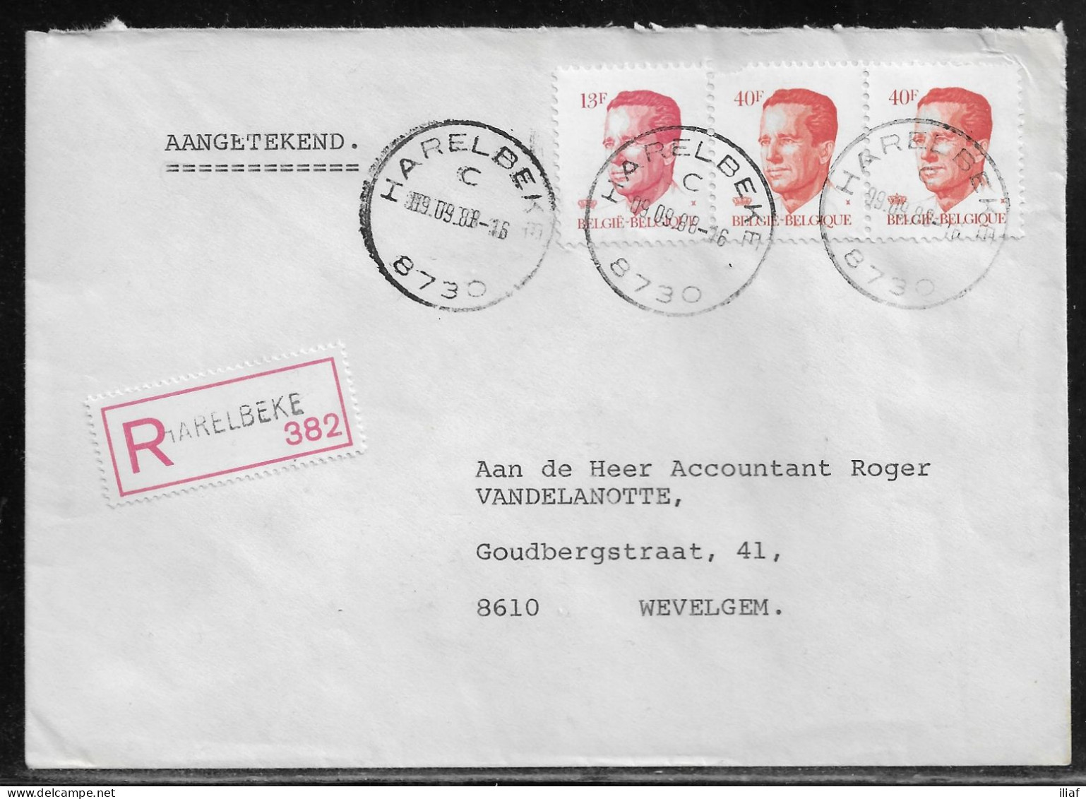 Belgium. Stamps Mi. 2255, Mi. 2188 On Registered Letter Sent From Harelbeke On 9.09.1988 For Wevelgem - Briefe U. Dokumente