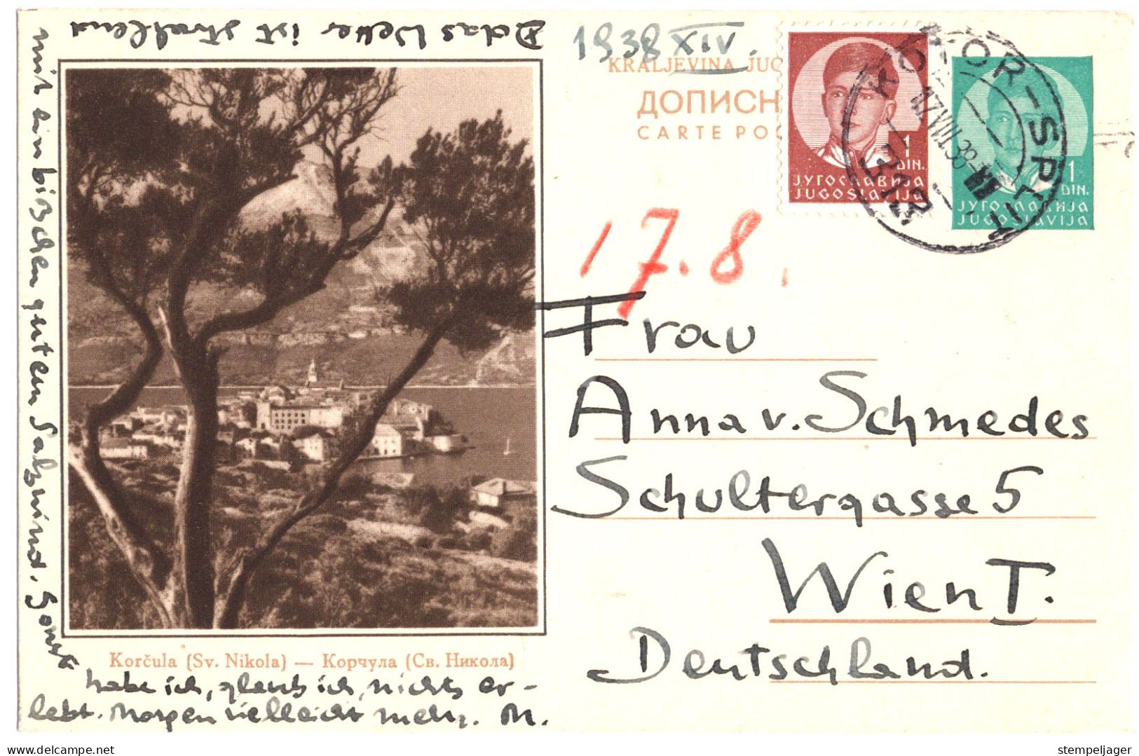 1939 Bildpostkarte P84a Bild Korčula Mit Bahnpost Kotor-Split Nr. 313 Nach Wien - Cartas & Documentos