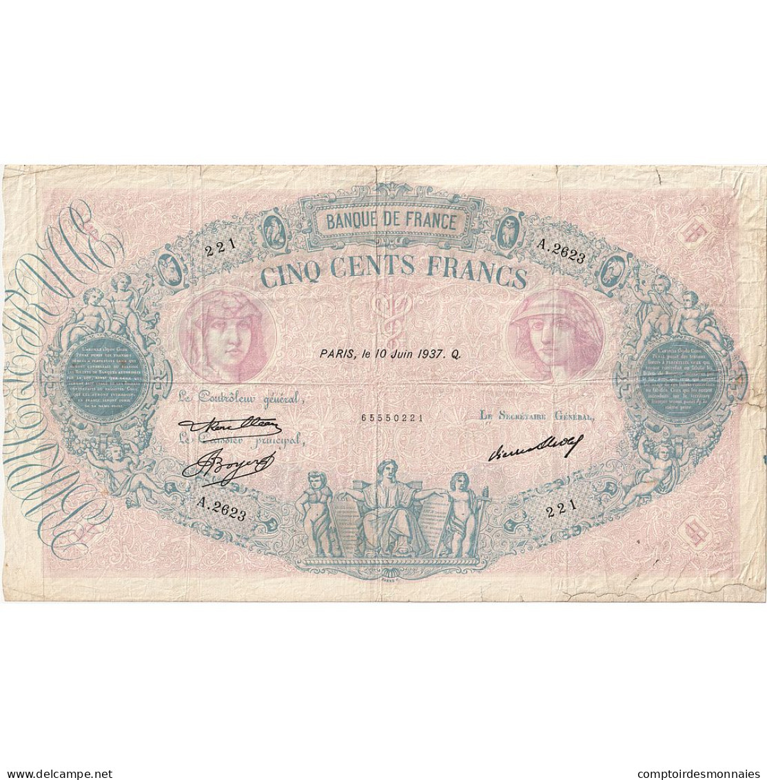 France, 500 Francs, Bleu Et Rose, 1937, A.2623, B+, Fayette:30.38, KM:66m - 500 F 1888-1940 ''Bleu Et Rose''