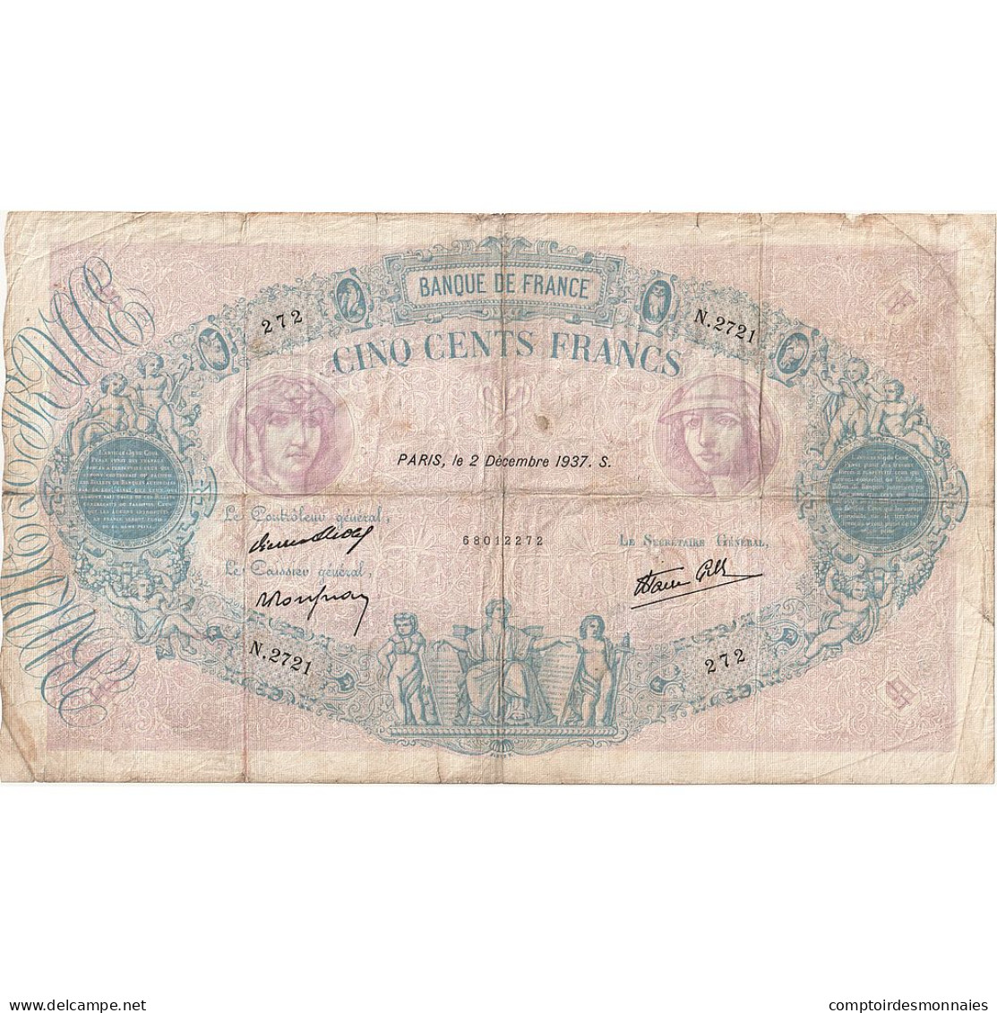 France, 500 Francs, Bleu Et Rose, 1937, N.2721, B, Fayette:31.4, KM:88b - 500 F 1888-1940 ''Bleu Et Rose''