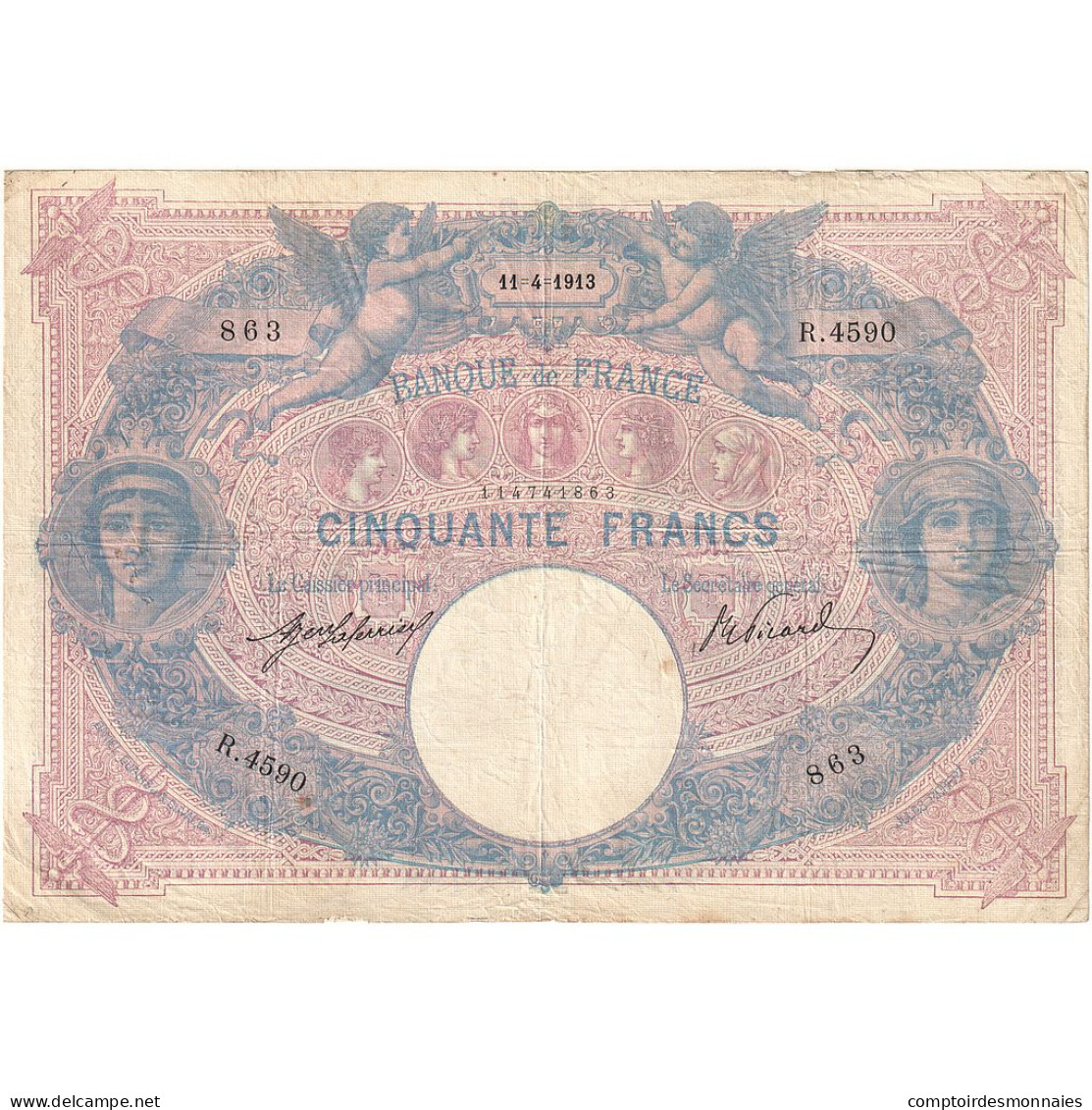 France, 50 Francs, Bleu Et Rose, 1913, R.4590, TB+, Fayette:14.26, KM:64e - 50 F 1889-1927 ''Bleu Et Rose''