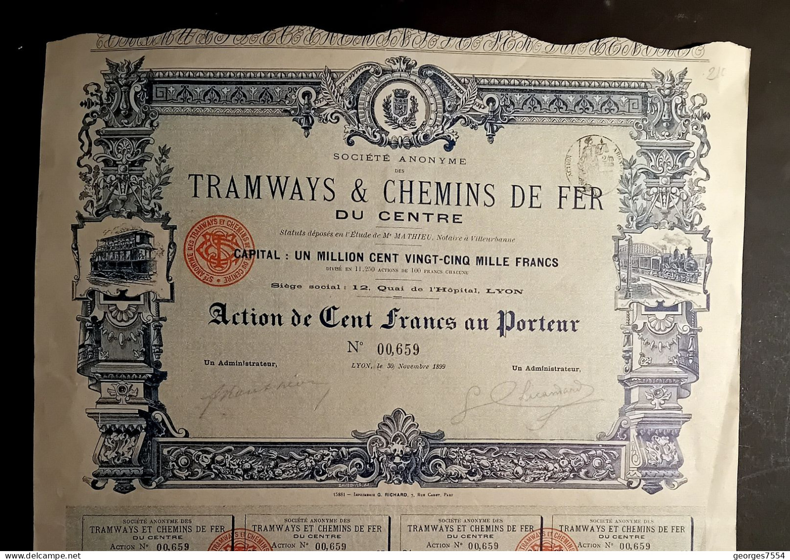 TRAMWAYS Et Chemins De Fer Du Centre   - ACTION  DE 100 FRANCS 1899 - Transport