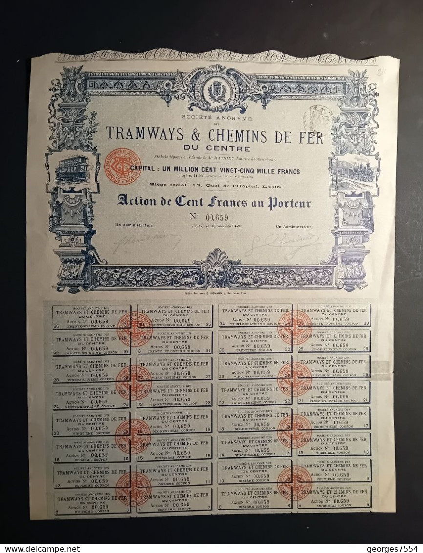 TRAMWAYS Et Chemins De Fer Du Centre   - ACTION  DE 100 FRANCS 1899 - Trasporti