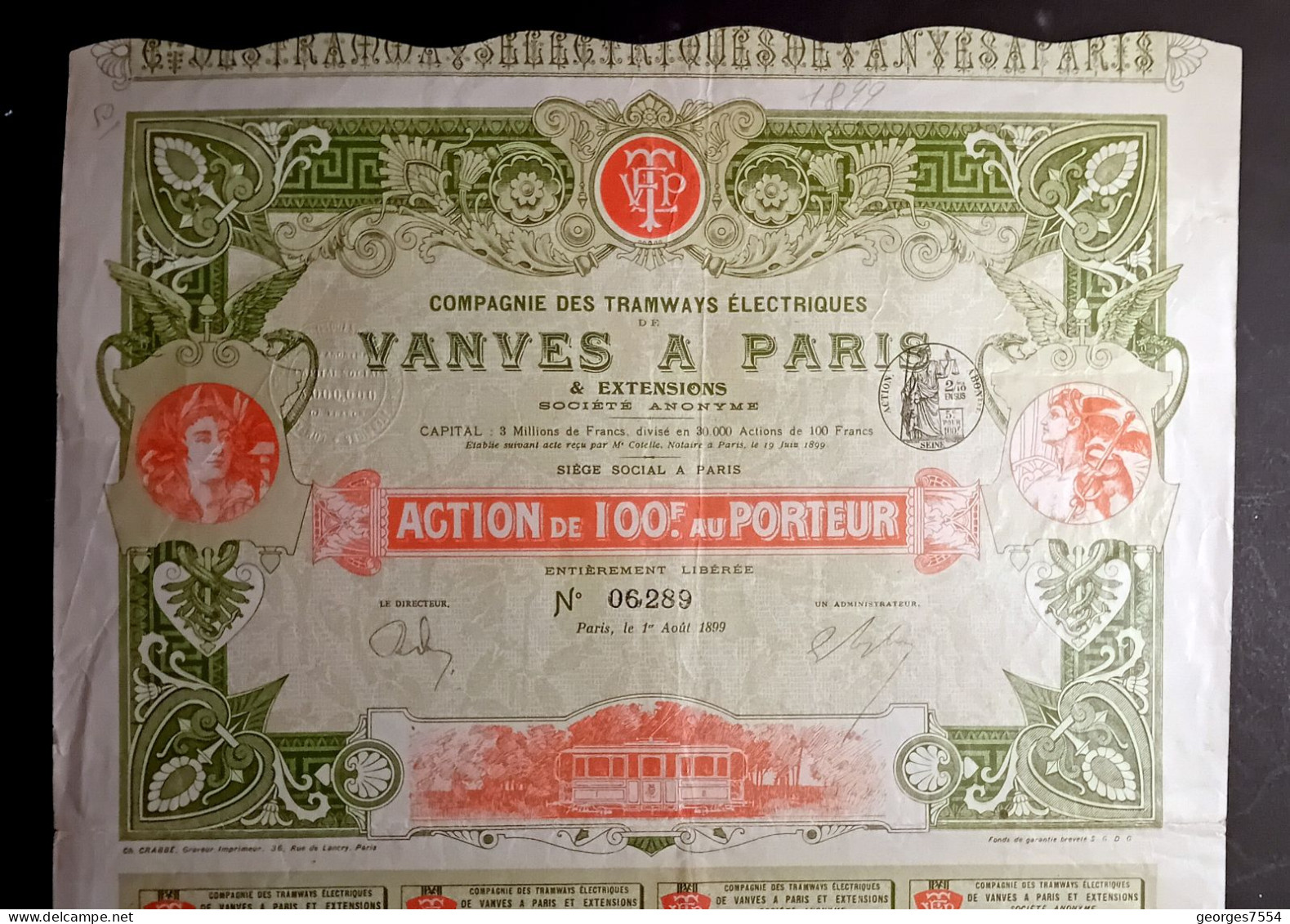 Cie.des TRAMWAYS Electriques VANVES A PARIS   - ACTION  DE 100 FRANCS 1899 - Trasporti