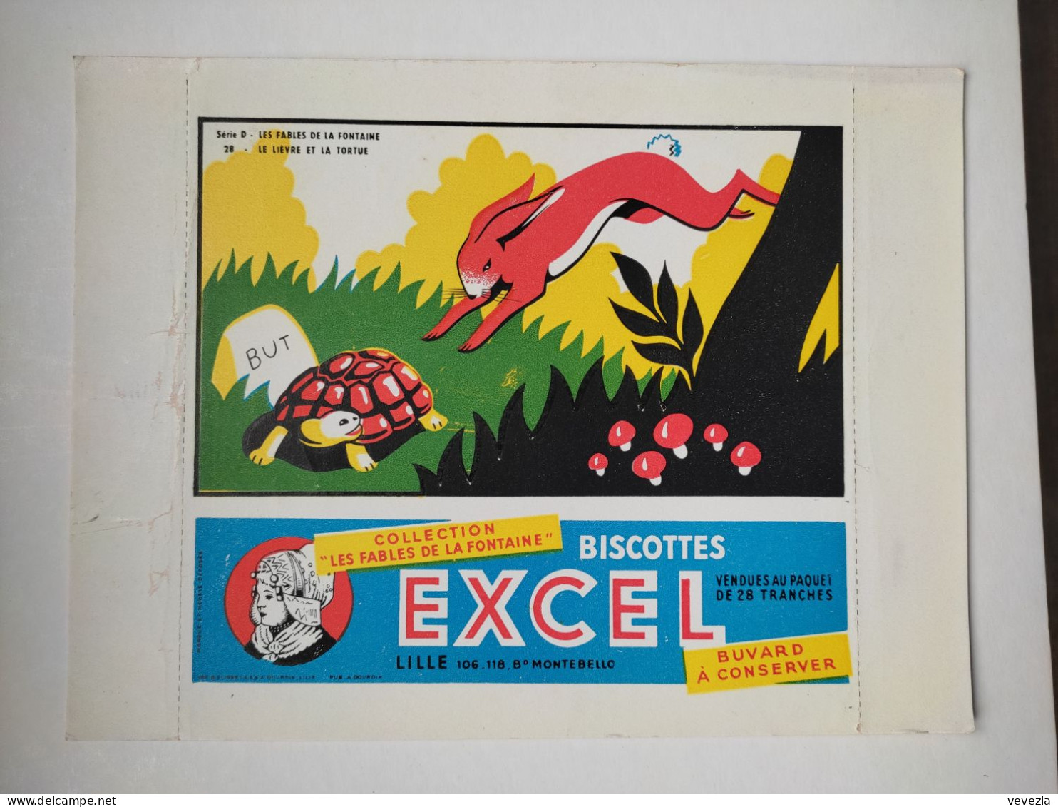 BUVARD " BISCOTTES EXCEL " , FABLES LA FONTAINE,LE LIEVRE ET LA TORTUE ,LILLE - Biscottes