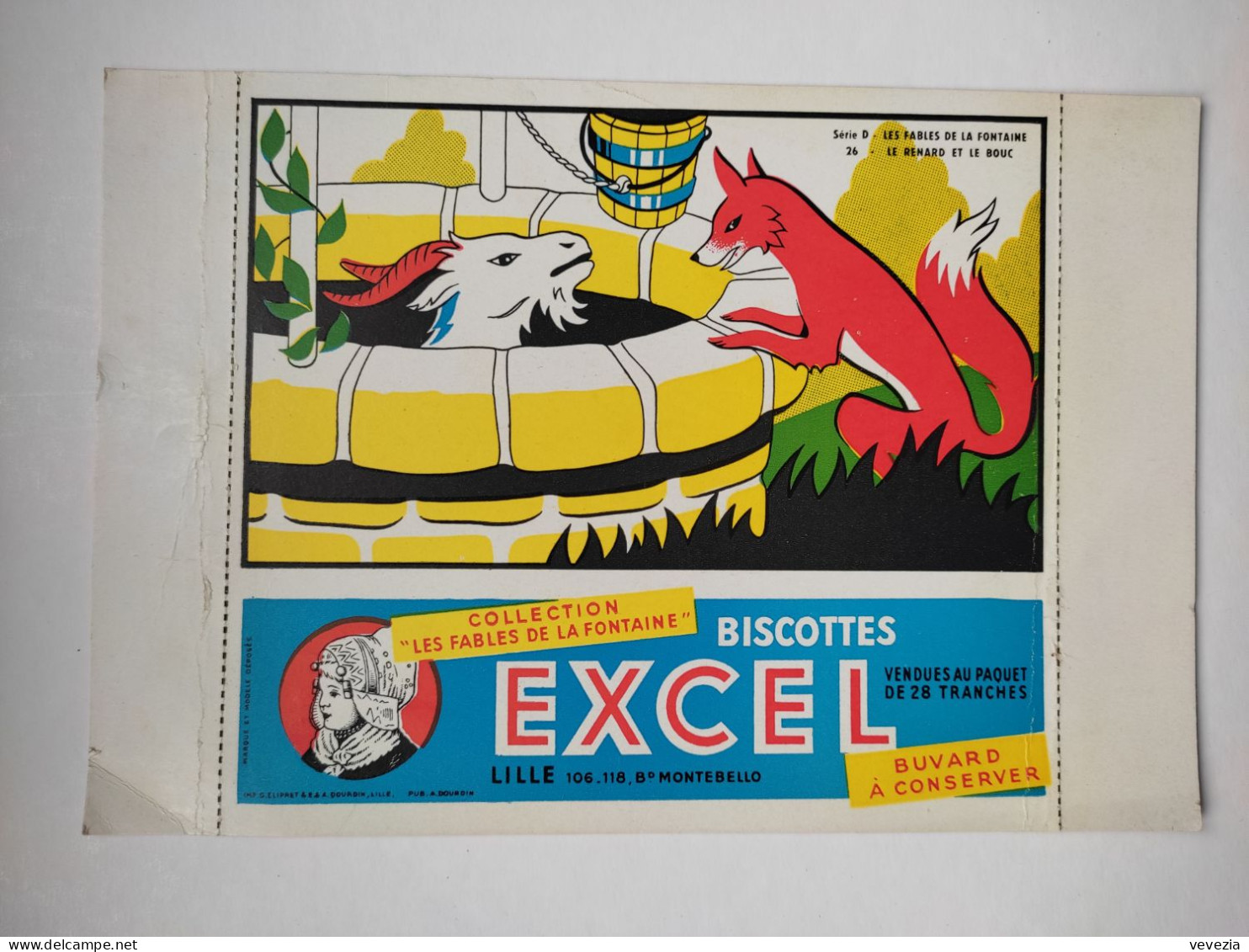 BUVARD " BISCOTTES EXCEL " , FABLES LA FONTAINE,LE RENARD ET LE BOUC ,LILLE - Biscotti