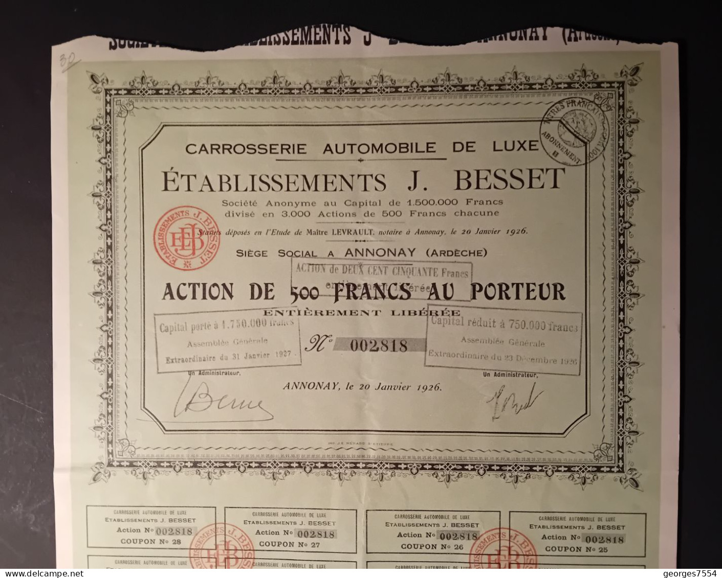 CARROSSERIE AUTOMOBILE DE LUXE - ETABL. BESSET  - ACTION  DE 500 FRANCS 1926 - Transportmiddelen