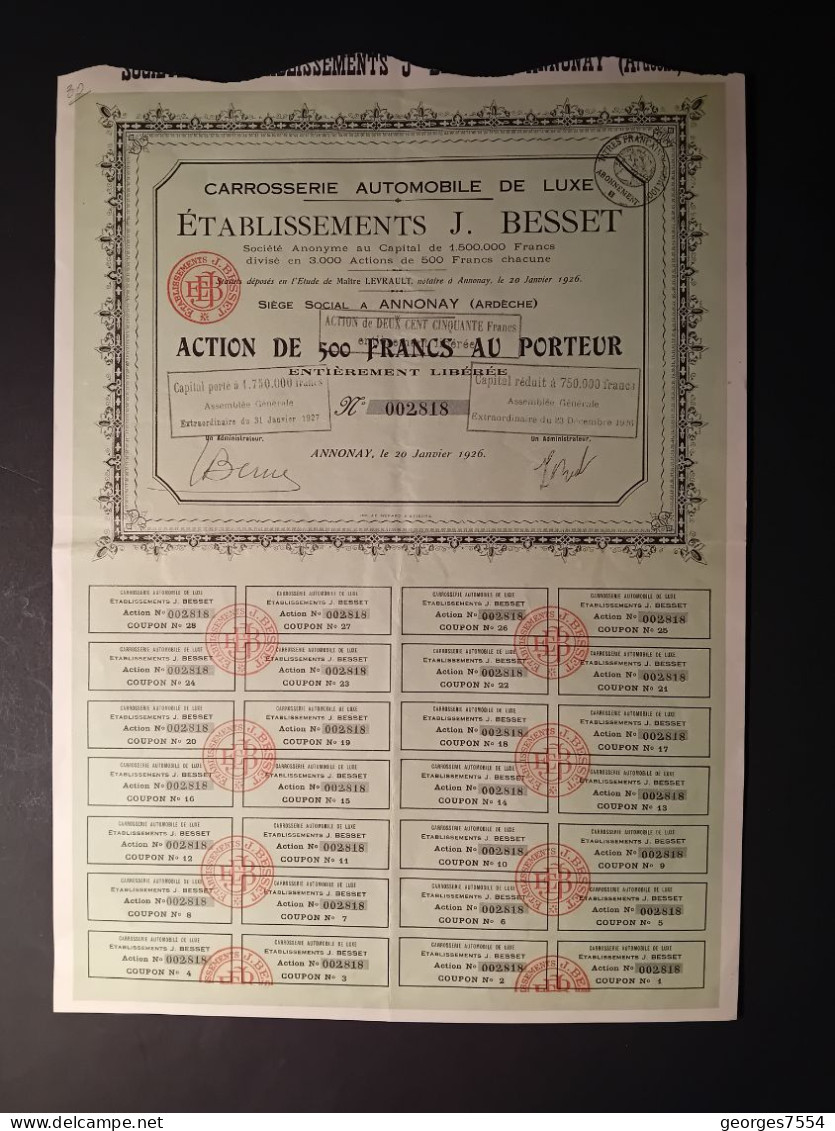 CARROSSERIE AUTOMOBILE DE LUXE - ETABL. BESSET  - ACTION  DE 500 FRANCS 1926 - Trasporti