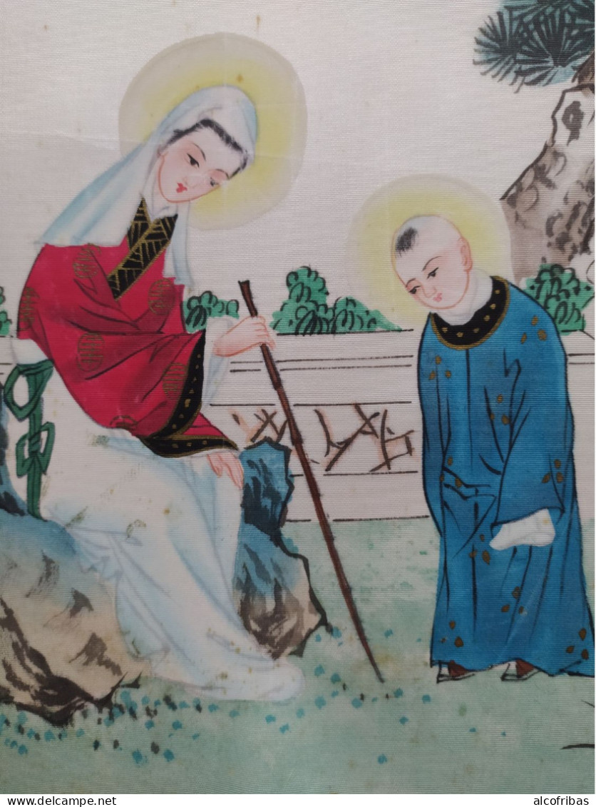 Peinture Sur Soie Origine Asie Chine Femme Enfant Dans Parc - Arte Asiático