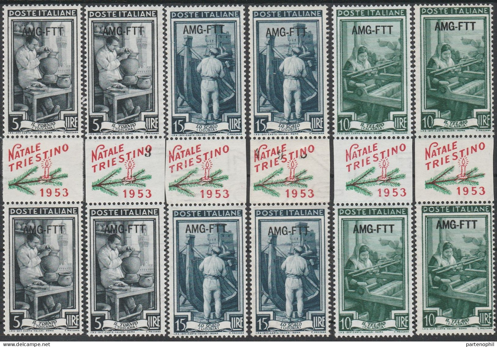 209 - Trieste - 1953 - Natale Triestino 6 Coppie Verticali Con Interspazio Con Vignetta “NATALE TRIESTINO 1953” N. 92+94 - Poststempel