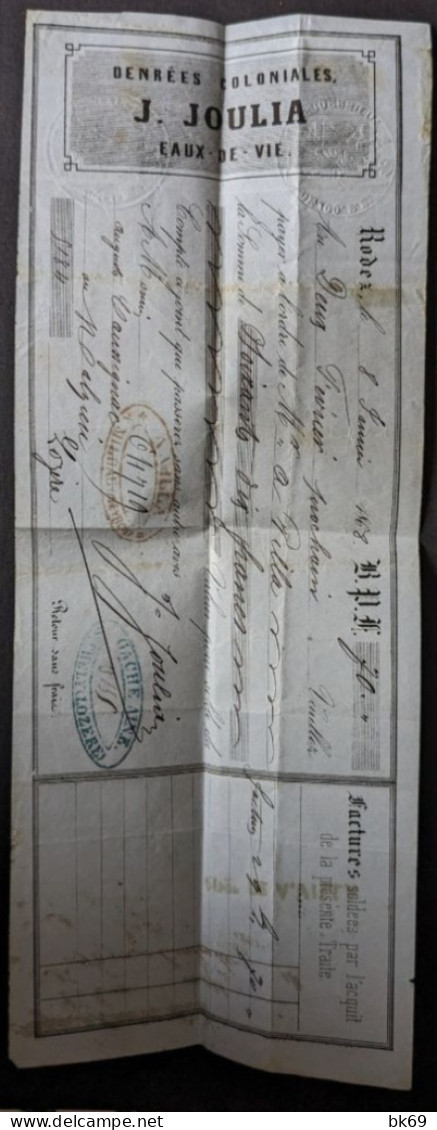 Rodez 7 Nov 1857 Grossiste J. Joulia + Traite, facture de denrées coloniales avec Cachet 5 centimes