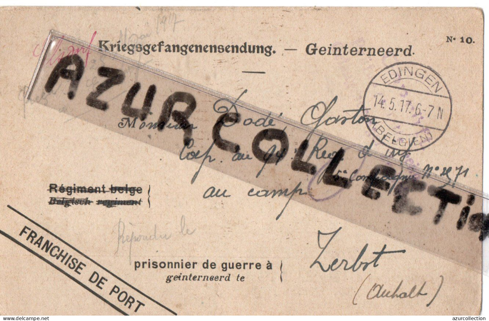 PRISONNIER A GEINTERNEERD . 1917 - Kriegsgefangenschaft