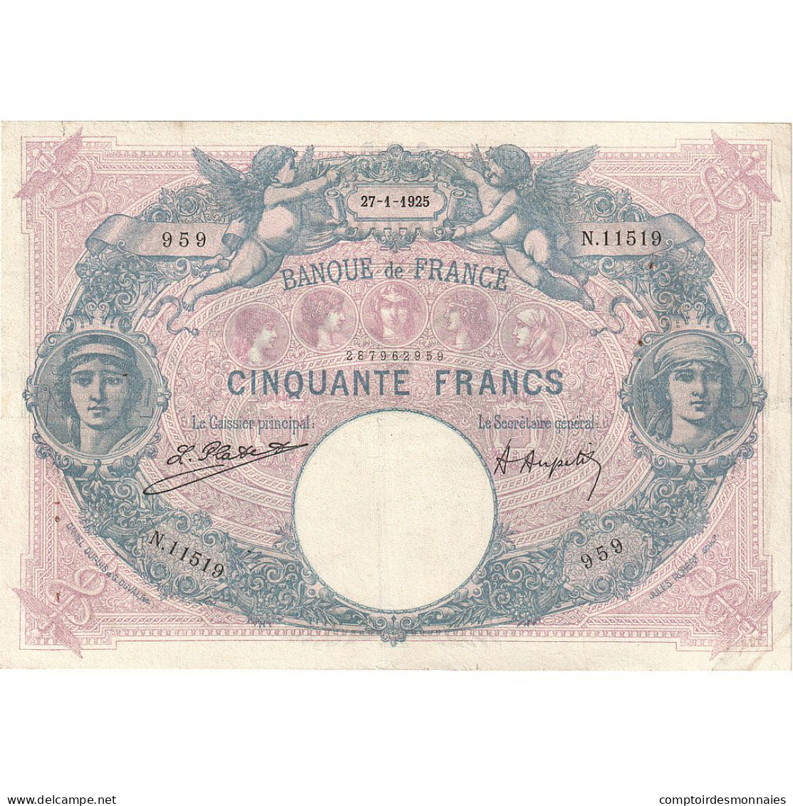 France, 50 Francs, Bleu Et Rose, 1925, N.11519, TTB+, Fayette:14.38, KM:64g - 50 F 1889-1927 ''Bleu Et Rose''