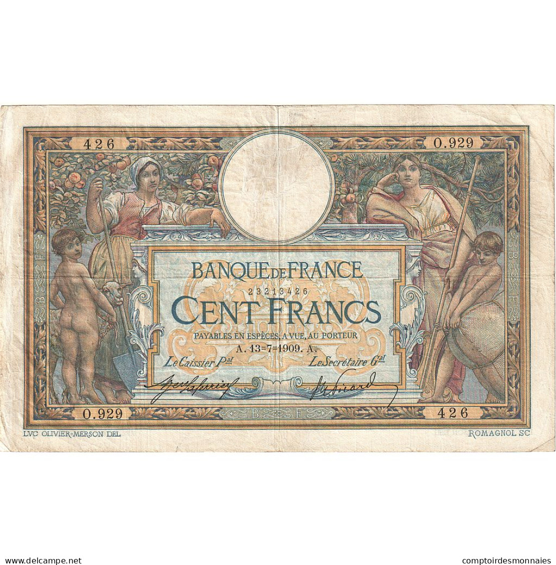 France, 100 Francs, Luc Olivier Merson, 1909, O.929, TB+, Fayette:23.01, KM:71a - 50 F 1927-1934 ''Luc Olivier Merson''