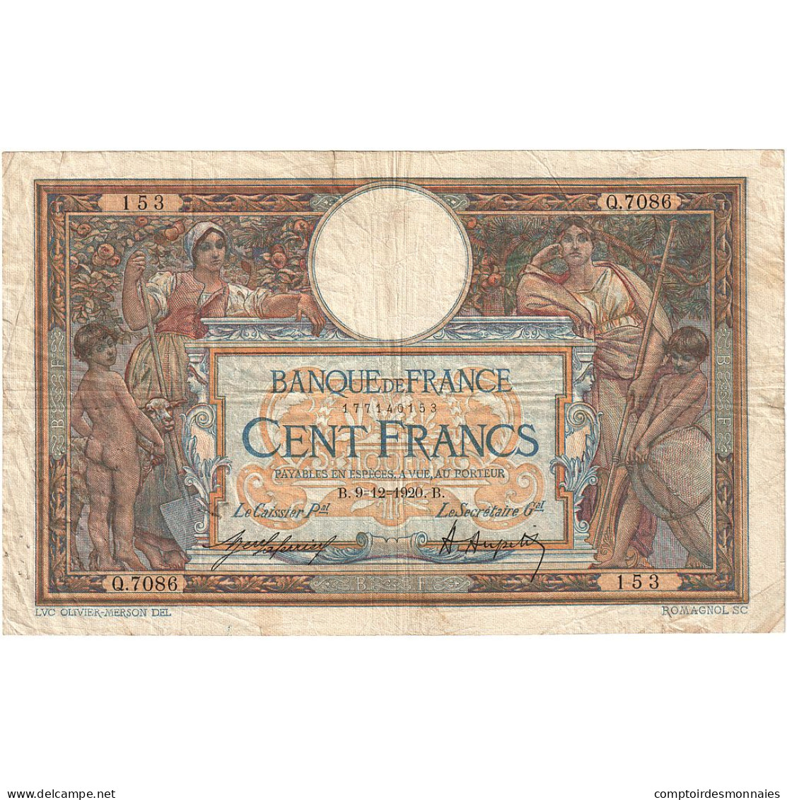 France, 100 Francs, Luc Olivier Merson, 1920, Q.7086, TB, Fayette:23.13, KM:71b - 100 F 1908-1939 ''Luc Olivier Merson''