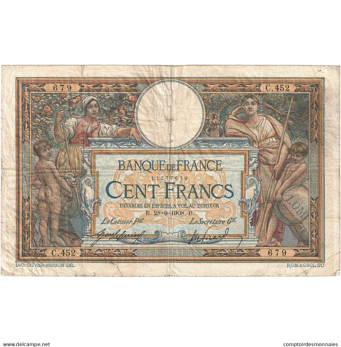 France, 100 Francs, Luc Olivier Merson, 1909, C.452, B+, Fayette:22.1, KM:69 - 100 F 1908-1939 ''Luc Olivier Merson''