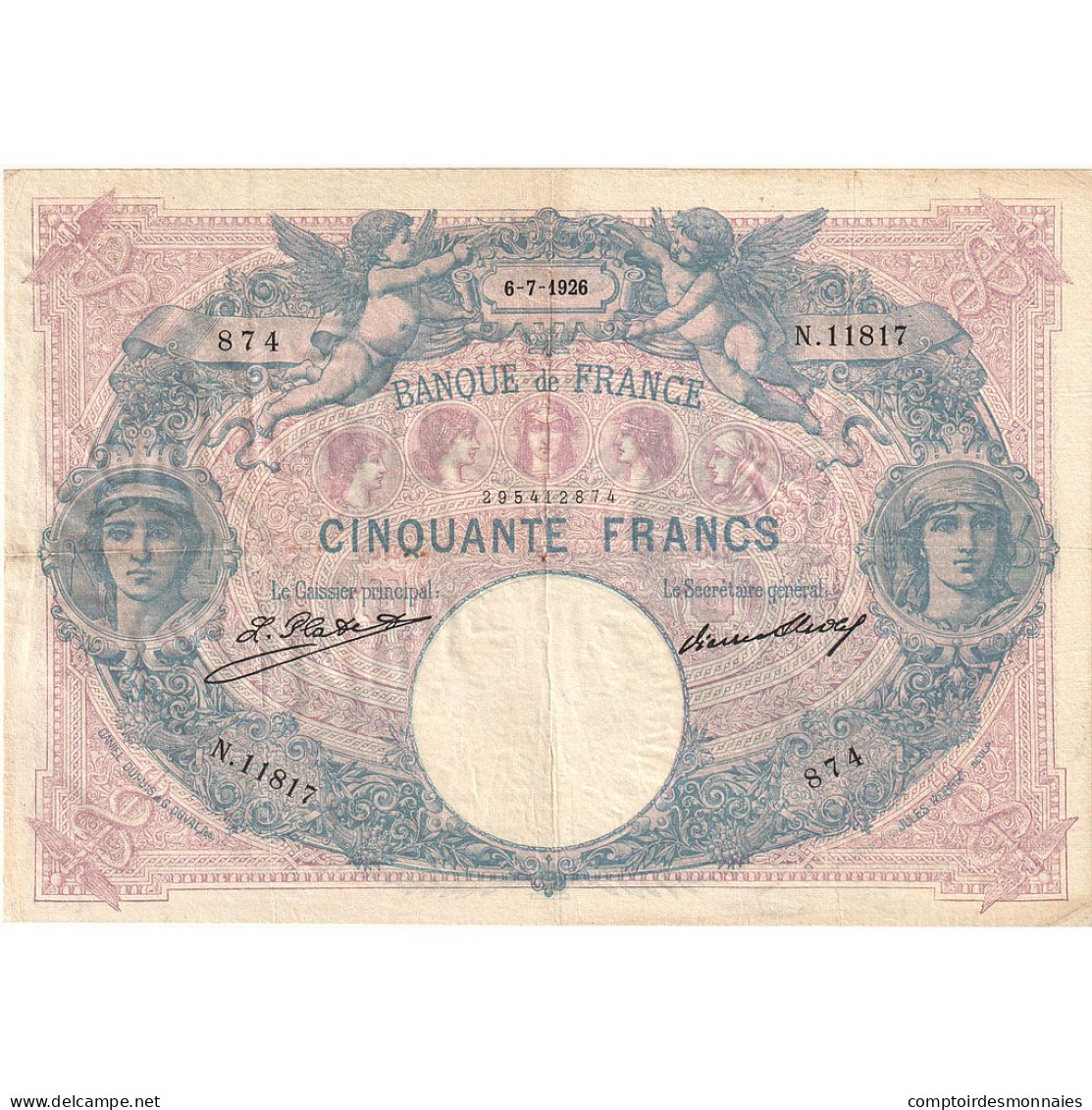 France, 50 Francs, Bleu Et Rose, 1926, N.11817, TTB+, Fayette:14.39, KM:64h - 50 F 1889-1927 ''Bleu Et Rose''