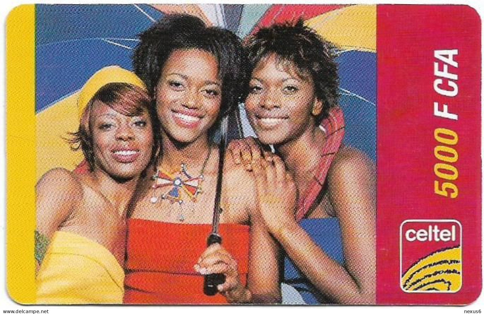 Gabon - Celtel - 3 Young Women With Umbrella - No Expiry, GSM Refill 5.000FCFA, Used - Gabun