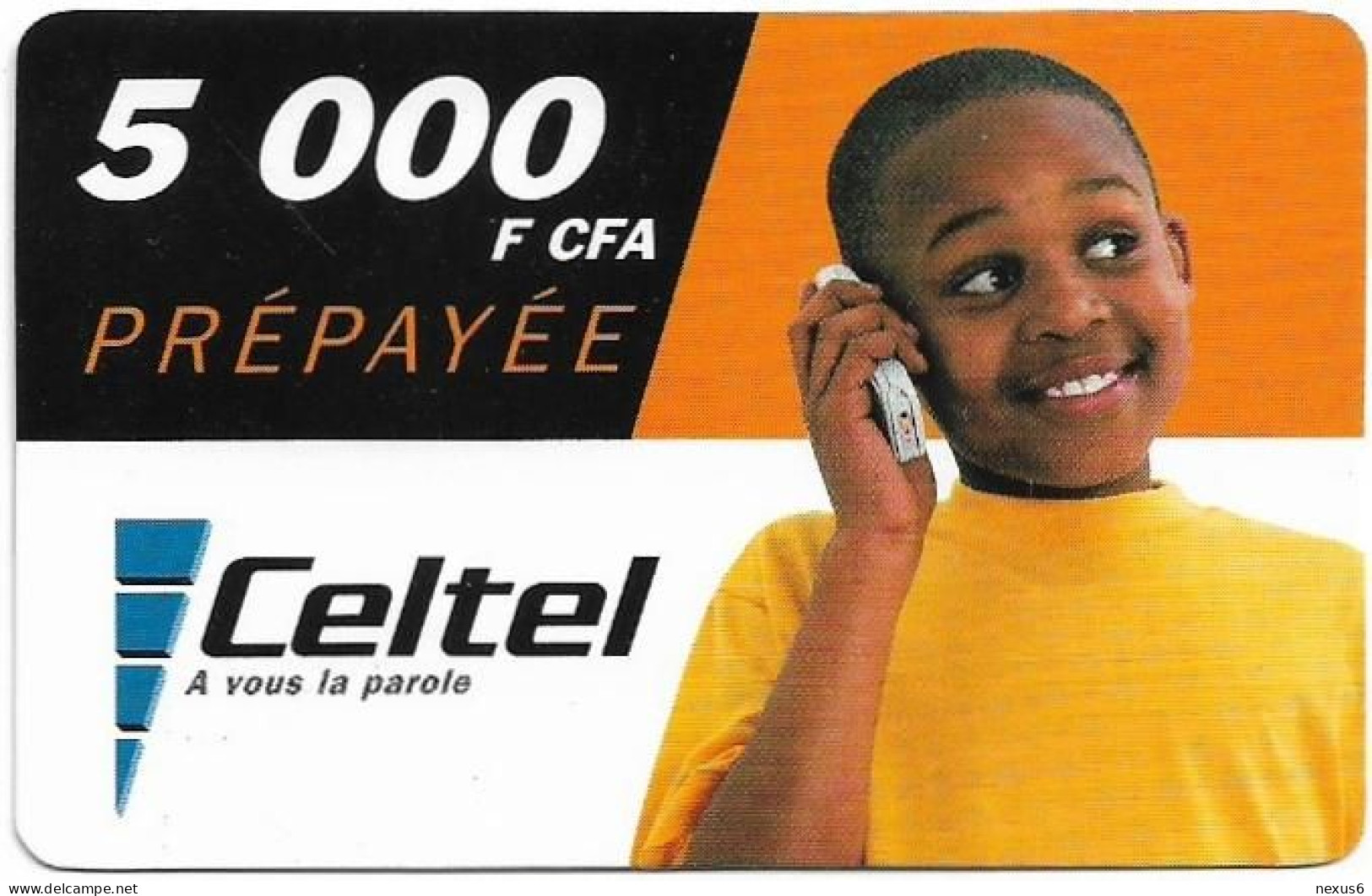 Gabon - Celtel - Young Boy At The Phone (Reverse 1), GSM Refill 5.000FCFA, Used - Gabon