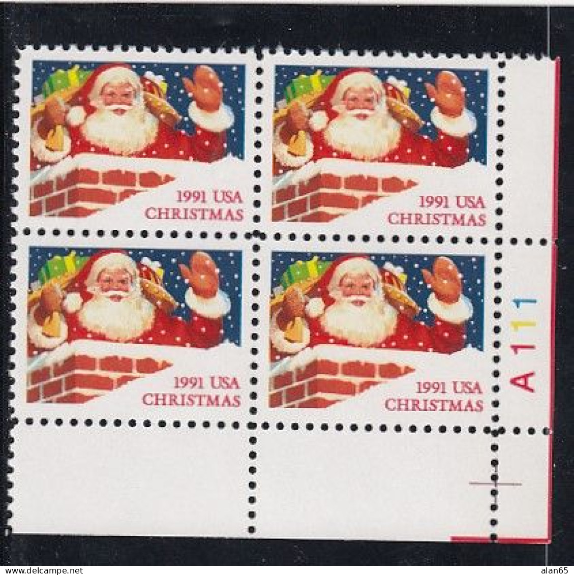 Sc#2579, Christmas, Santa In Chimney With Bag Of Toys, 29-cent Plate Number Block Of 4 MNH Stamps - Plaatnummers