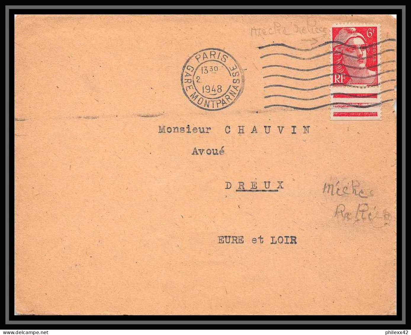 9737 Variete Meches Reliees N°721 Bord De Feuille Paris Montparnasse 1948 Dreux Eure Et Loir France Lettre Cover - Briefe U. Dokumente