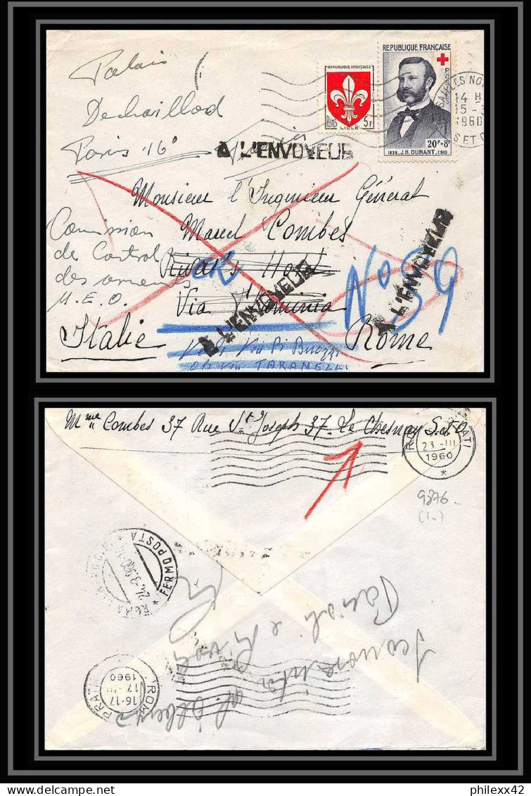 9876 N°1188 Croix Rouge (red Cross) 1958 Dunant Versailles Roma 1960 Retour Envoyeur Italie Italy France Lettre Cover - Rode Kruis