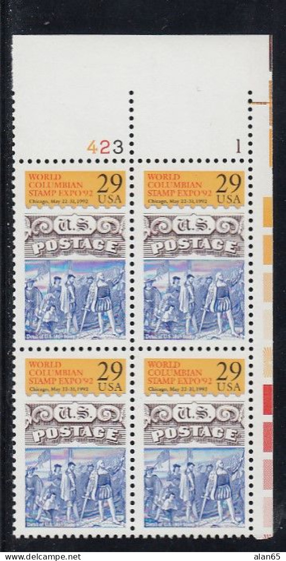 Sc#2616, World Columbian Stamp Expo, Explorer Christopher Columbus, 29-cent Plate Number Block Of 4 MNH Stamps - Plattennummern