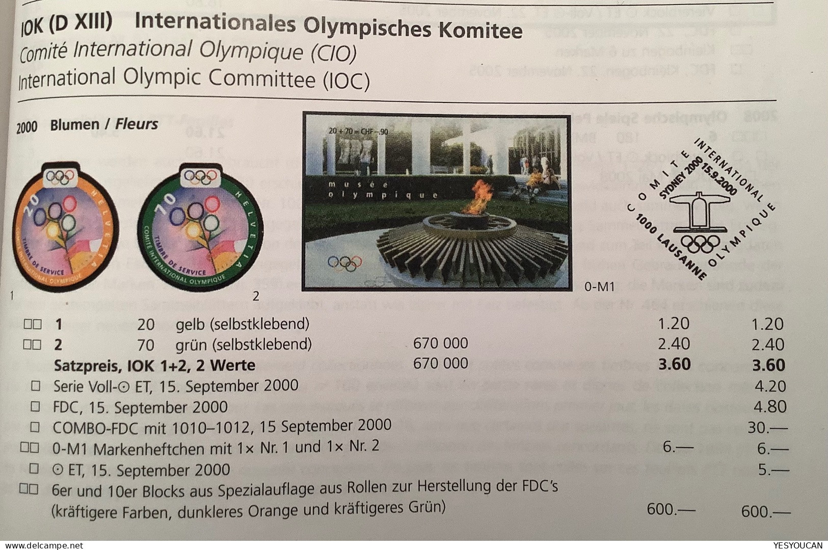 Schweiz Dienstmarken IOK/IOC 2000 RRR ! = 2.SONDERAUFLAGE (Olympic Games Sydney Jeux Olympique Official Stamps CIO - Servizio