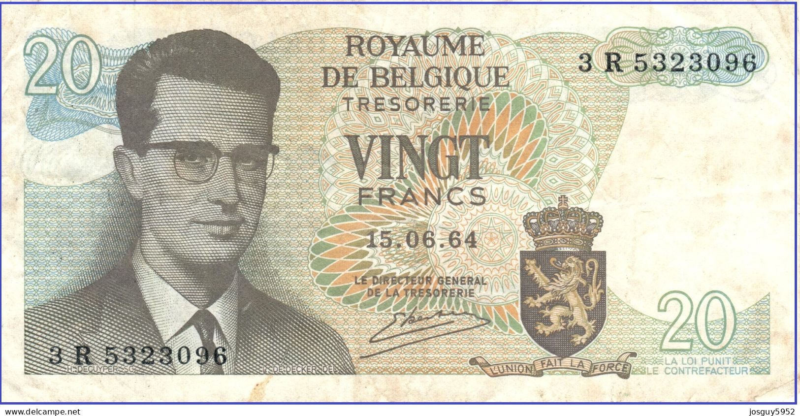 BELGIE - 20 FR 1964 - Nr 3R5323096 - Autres & Non Classés