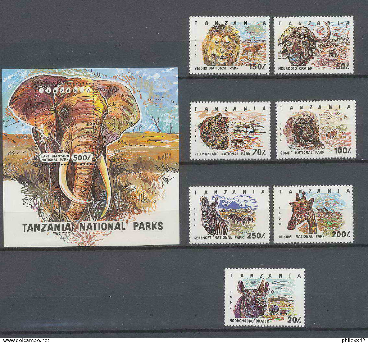 Tanzanie (Tanzania) 023 N°1442/1448 FAUNE AFRICAINE + Bloc ** éléphant Lion Girafe Girafa Rhinoceros.. MNH ** - Neushoorn