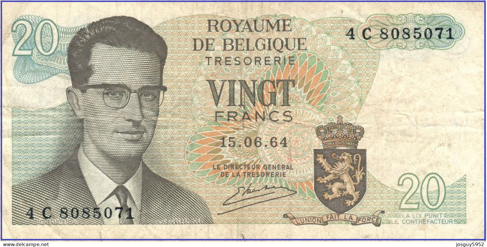 BELGIE - 20 FR 1964 - Nr 4C8085071 - Autres & Non Classés