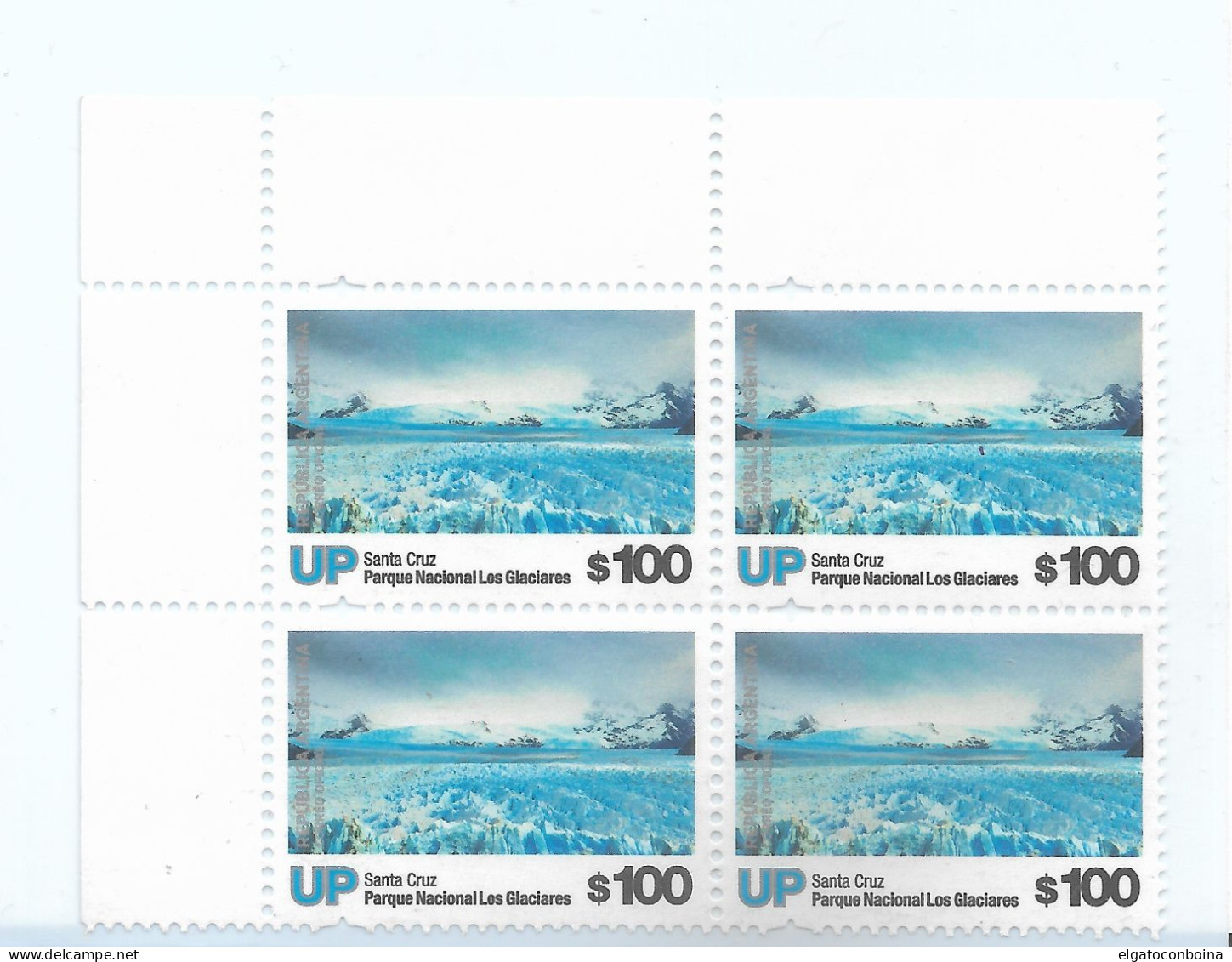 ARGENTINA 2019 NATIONAL PARKS U.P. GLACIERS 100 PESOS CORNER BLOCK OF FOUR MNH - Unused Stamps