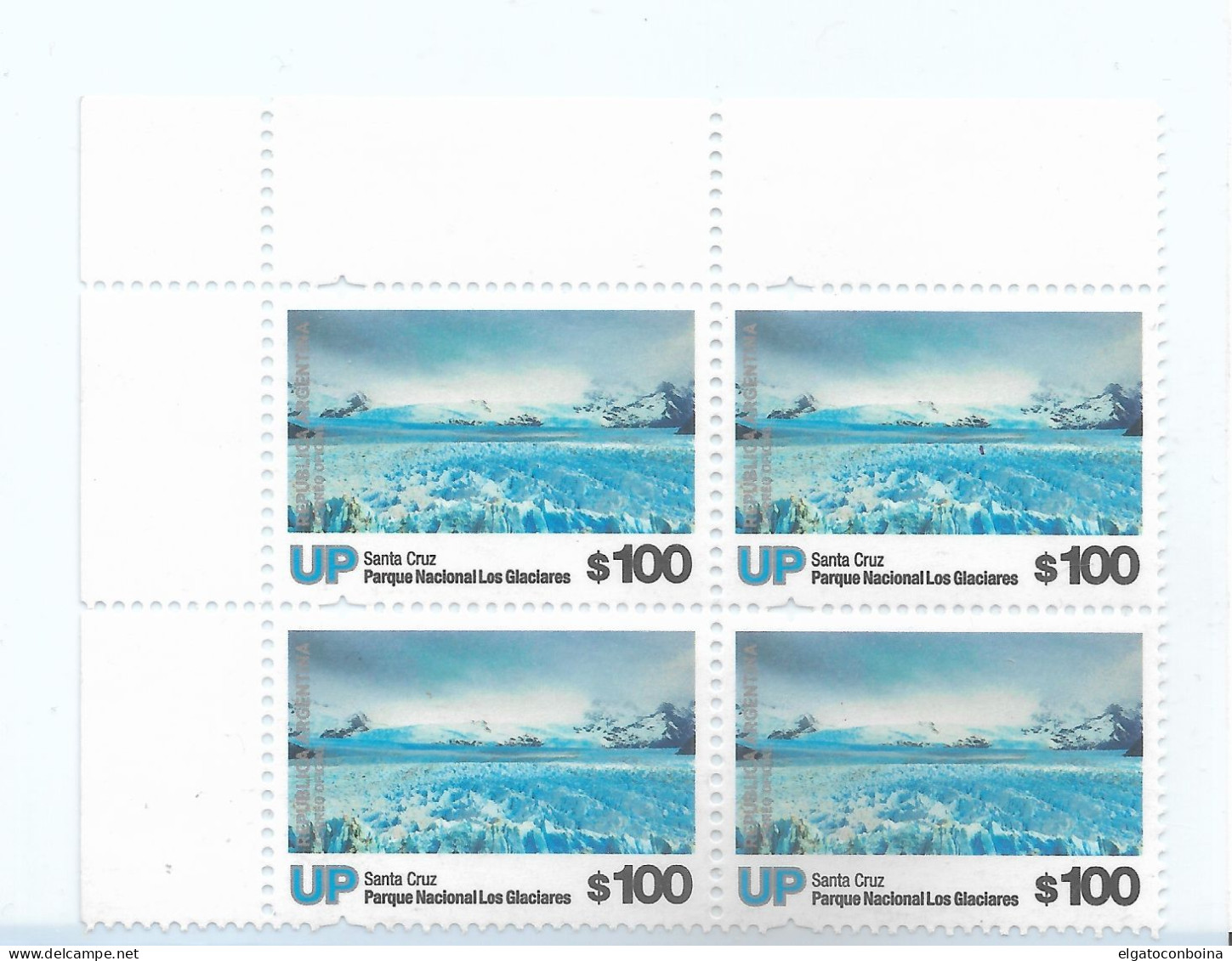 ARGENTINA 2019 NATIONAL PARKS U.P. GLACIERS 100 PESOS CORNER BLOCK OF FOUR MNH - Nuovi