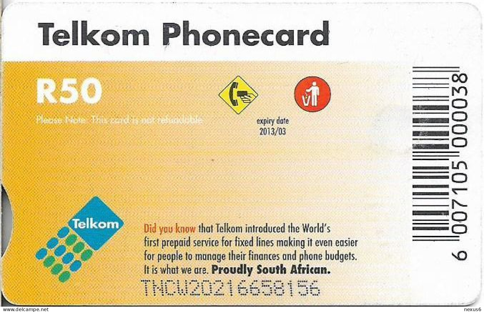 S. Africa - Telkom - Ulwazi, Telecommunications Tower, Cn. 'TNCW', Expiry 03.2013, Chip Gem5 Red, 50R, Used - Suráfrica