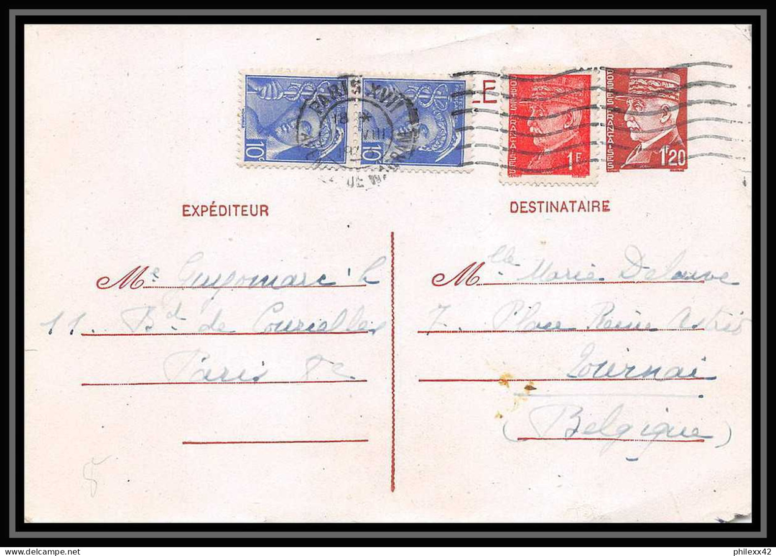 5963 Entier Postal Stationery Guerre War 1939/1945 Pétain Complement Mercure Censuré Paris Pour Tournai Belgique (Belgiu - Guerre 40-45 (Lettres & Documents)