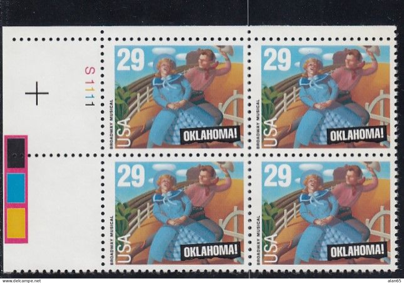 Sc#2722, Oklahoma! Musical Series, 29-cent Plate Number Block Of 4 MNH Stamps - Plattennummern