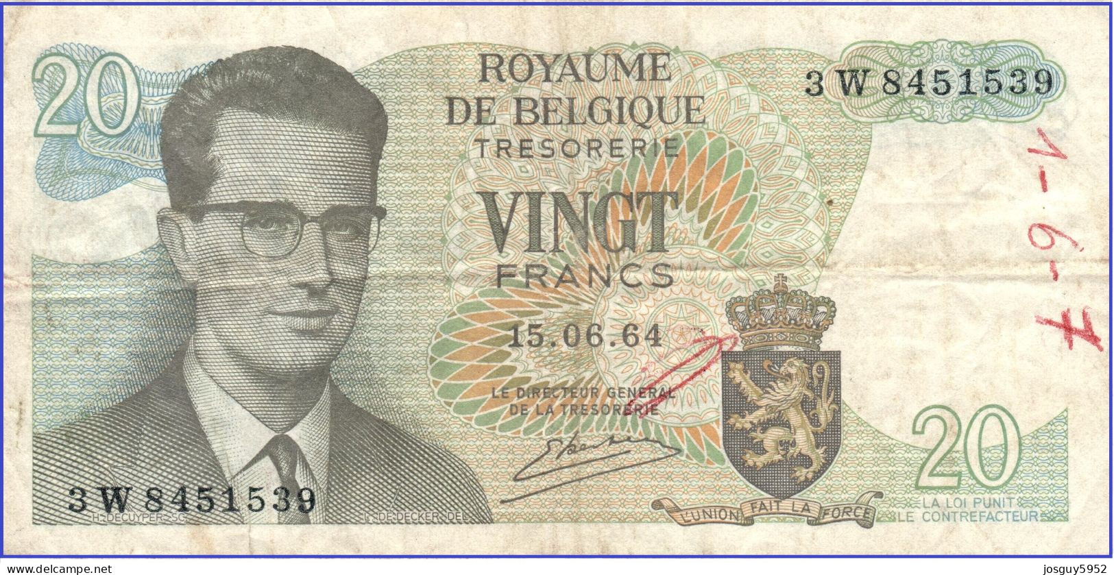 BELGIE - 20 FR 1964 - Nr 3W8451539 - Autres & Non Classés