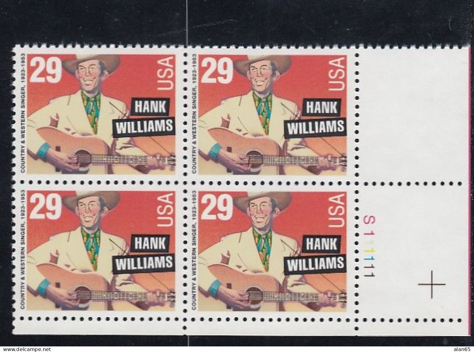 Sc#2723, Hank Williams Country Music Singer Composer, Musical Series, 29-cent Plate Number Block Of 4 MNH Stamps - Plattennummern