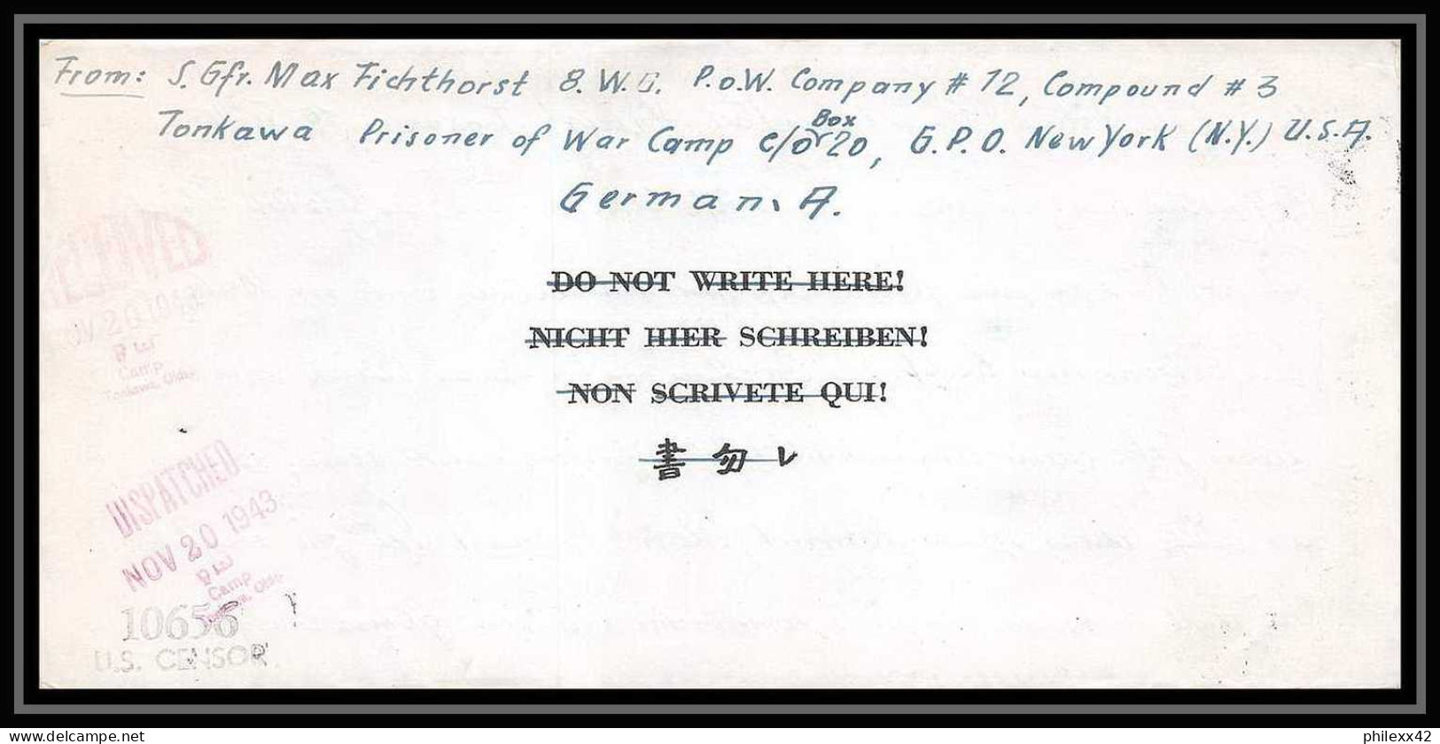 6888/ Lettre (cover Briefe) Tonkawa Japan Usa Allemagne Prisoner Of War Prisonniers 1943 Censuré Censor 10656 - Militärpostmarken