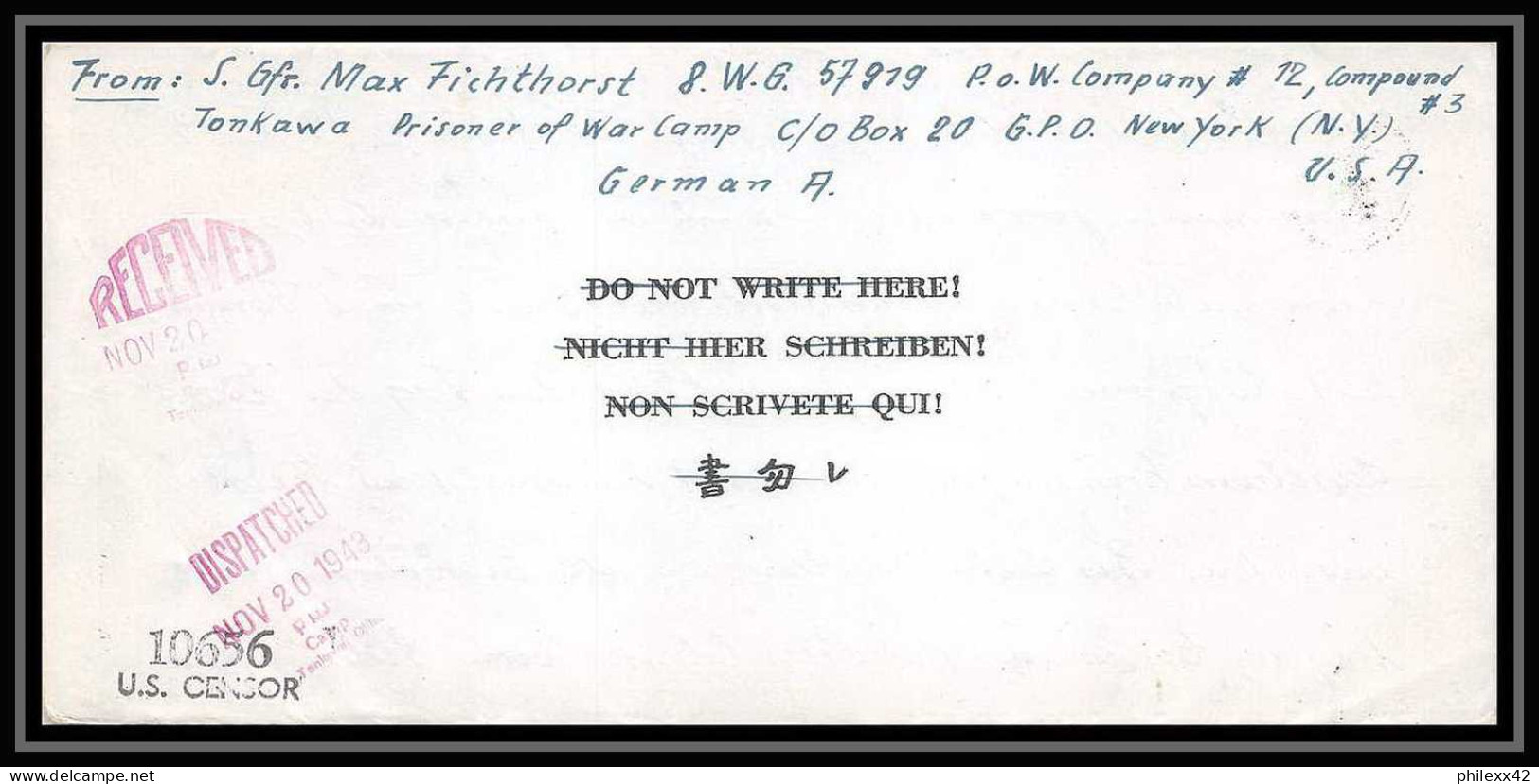 6892/ Lettre (cover Briefe) Tonkawa Japan Usa Allemagne Prisoner Of War Prisonniers 1943 Censuré Censor 10656 - Franchise Militaire