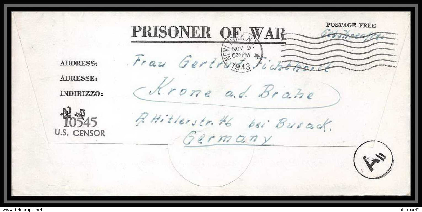 6891/ Lettre (cover Briefe) Tonkawa Japan Usa Allemagne Prisoner Of War Prisonniers 1943 Censuré Censor 10545 - Militaire Vrijstelling Van Portkosten