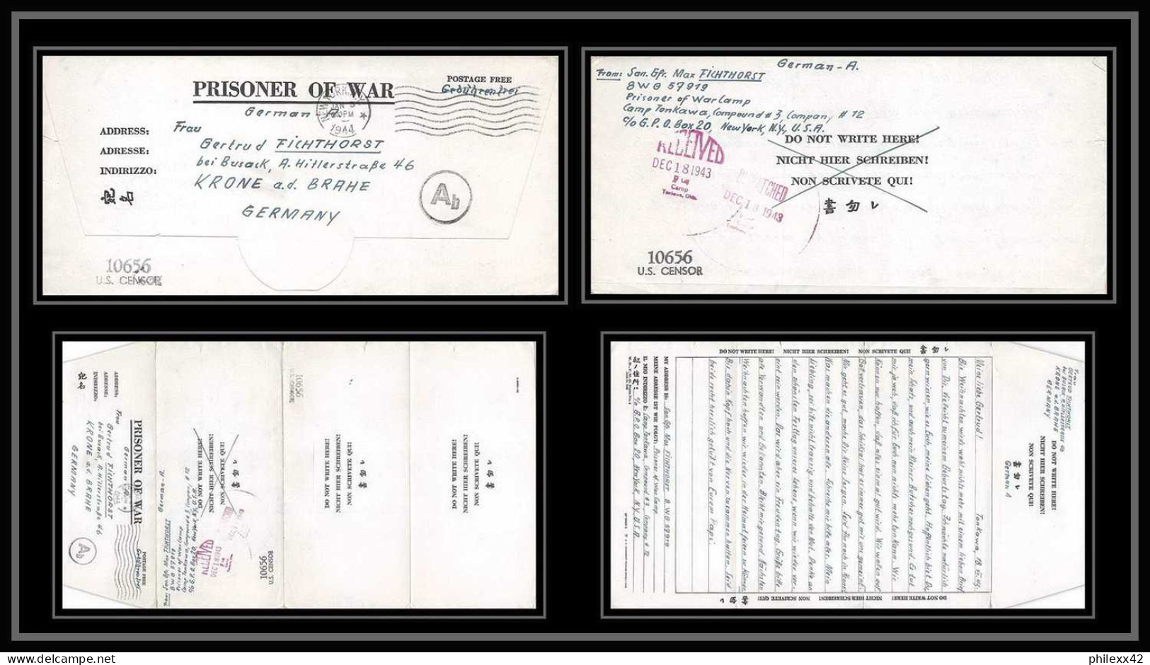 6901/ Lettre (cover Briefe) Tonkawa Japan Usa Allemagne Prisoner Of War Prisonniers 1943 Censuré Censor 10656 - Franquicia Militar