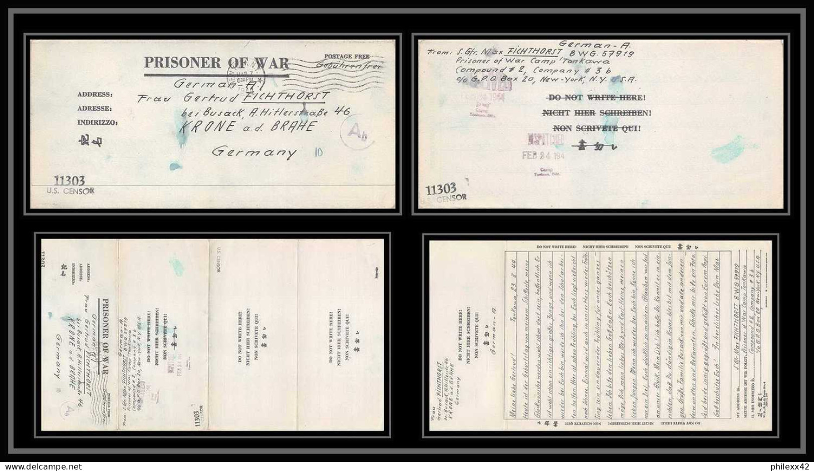 6886/ Lettre (cover Briefe) Tonkawa Japan Usa Allemagne Prisoner Of War Prisonniers 1944 Censuré Censor 11303 - Franchise Militaire