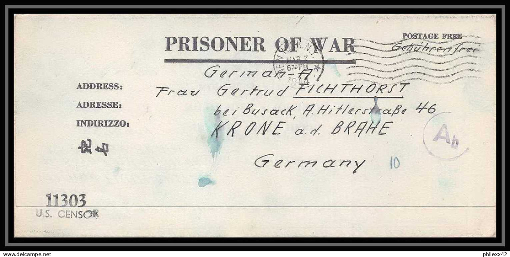 6886/ Lettre (cover Briefe) Tonkawa Japan Usa Allemagne Prisoner Of War Prisonniers 1944 Censuré Censor 11303 - Militaire Vrijstelling Van Portkosten